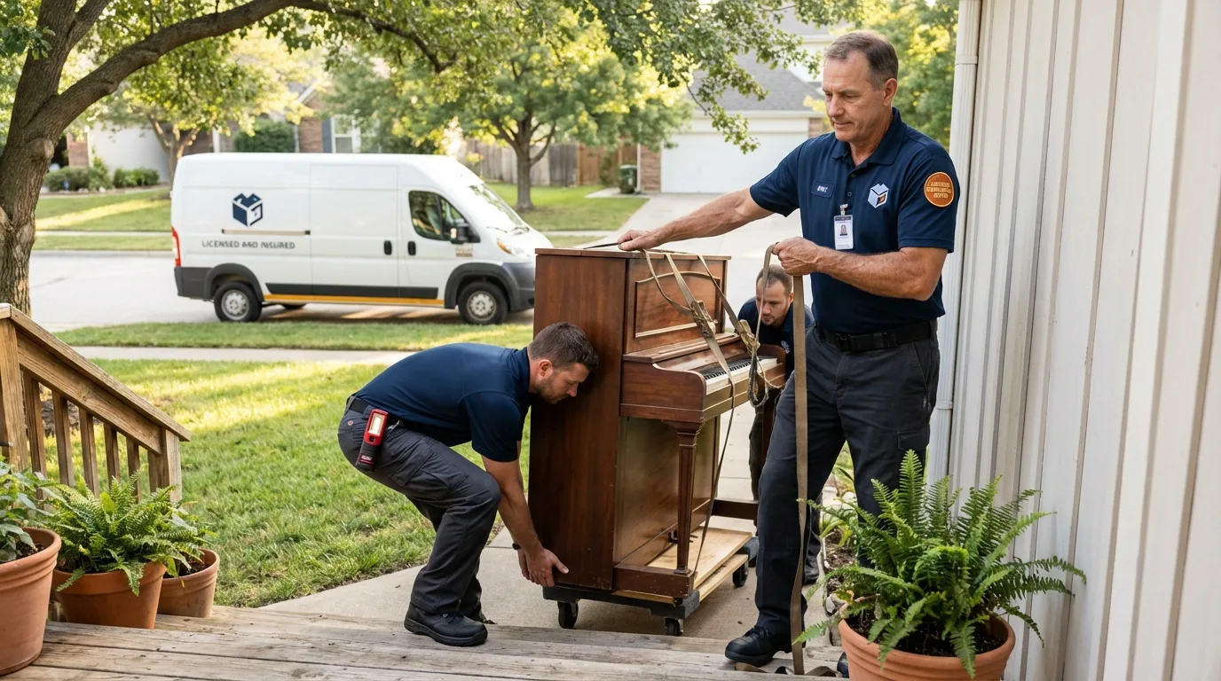 Licensed piano movers securing grand piano in Greensboro, NC