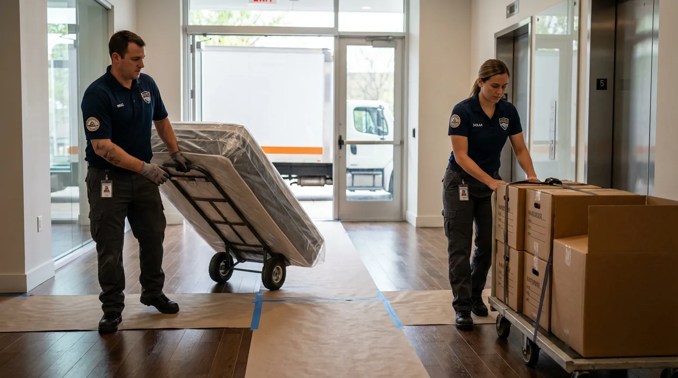 Professional apartment movers loading elevator in Greensboro, NC