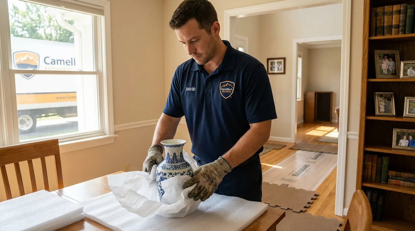 Professional crew carefully wrapping antique vase for senior downsizing move in Greensboro, NC